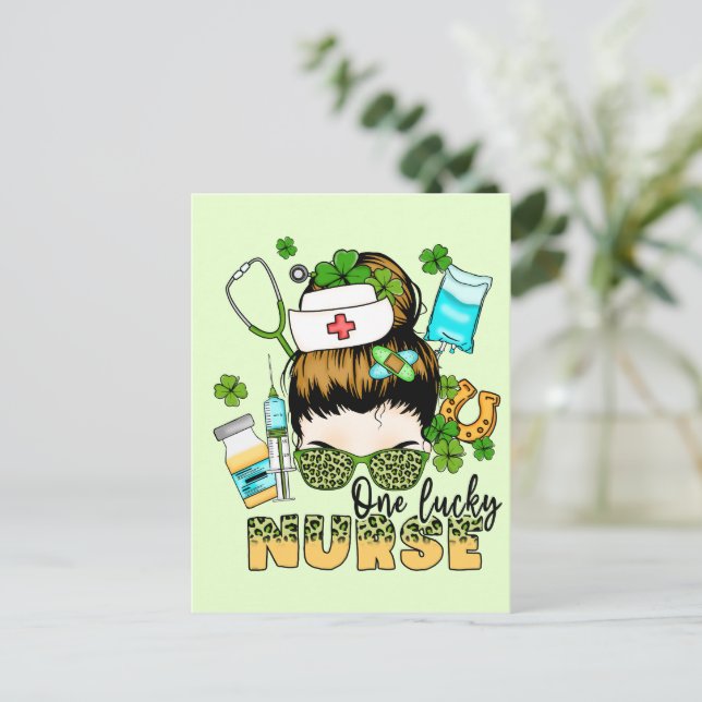 One Lucky Nurse - Messy Bun - St. Patrick’s Day Postcard (Standing Front)