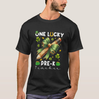 One Lucky Pre K Teacher coquette bow St Patricks D T-Shirt