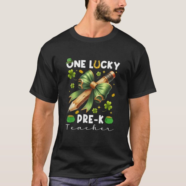 One Lucky Pre K Teacher coquette bow St Patricks D T-Shirt (Front)