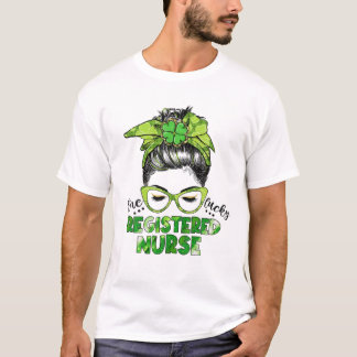 One Lucky Registered Nurse Messy Bun St Patrick's T-Shirt