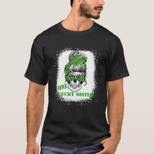 One Lucky Sister Messy Bun Skull Leopard St Patric T-Shirt