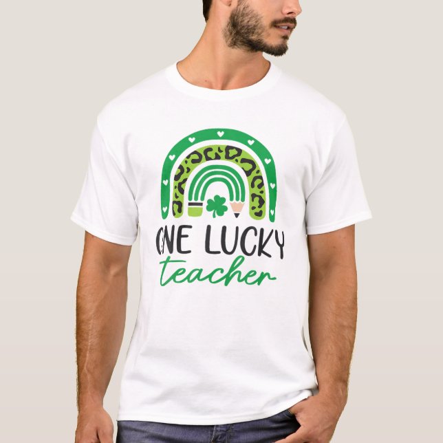 One Lucky Teacher Boho Rainbow Leopard St Patrick' T-Shirt (Front)