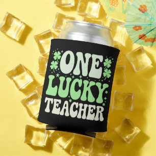 One Lucky Teacher Groovy Retro Teacher St Patricks Can Cooler