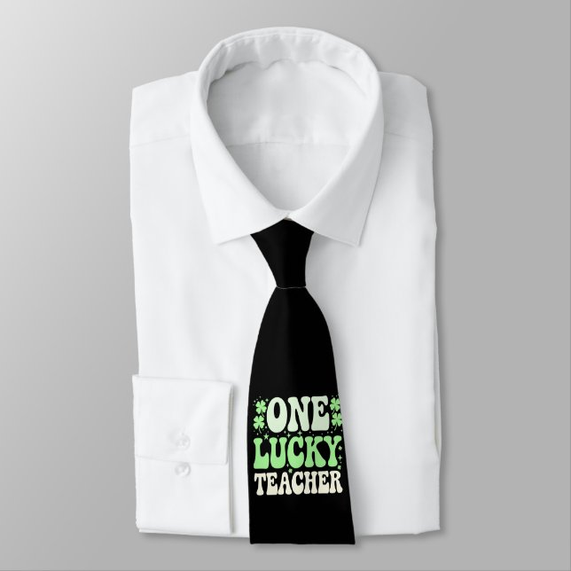 One Lucky Teacher Groovy Retro Teacher St Patricks Tie (Tied)