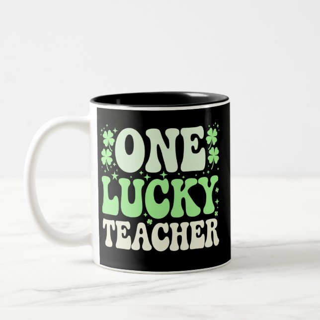 One Lucky Teacher Groovy Retro Teacher St Patricks Two-Tone Coffee Mug (Left)