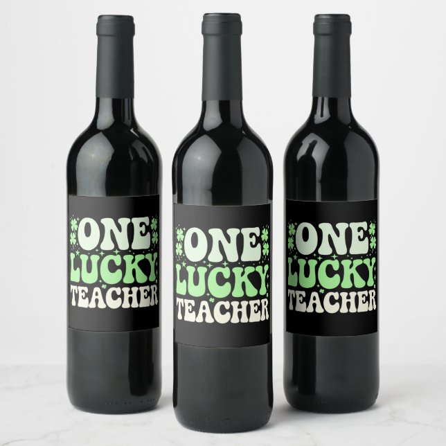One Lucky Teacher Groovy Retro Teacher St Patricks Wine Label (Bottles)
