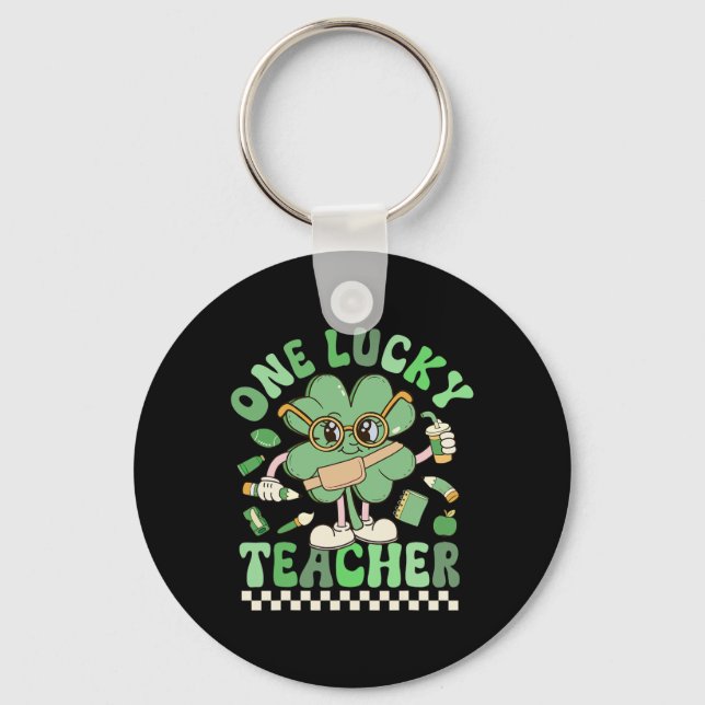 One Lucky Teacher Groovy Shamrock Funny St Patrick Key Ring (Front)