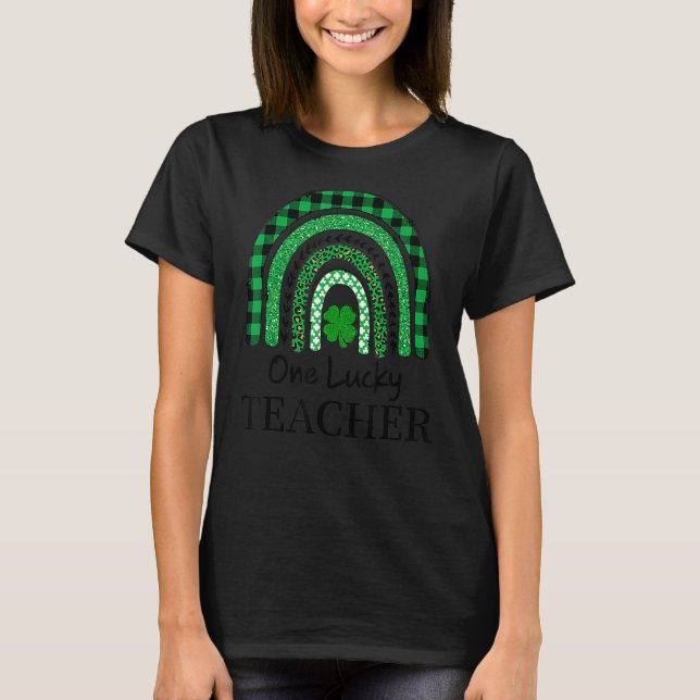 One Lucky Teacher Leprard Rainbow Plaid St Patrick T-Shirt (Front)