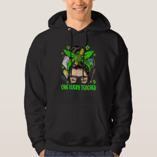 One Lucky Teacher Messy Bun St Patricks Day Clover Hoodie