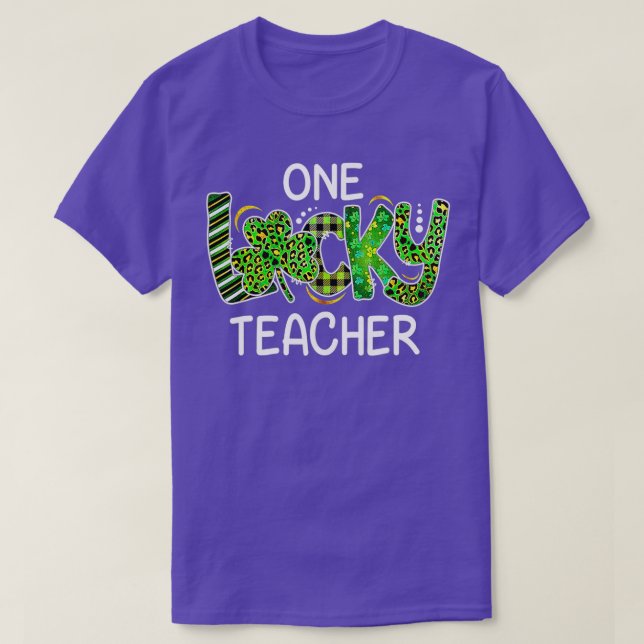 One Lucky Teacher Shamrock Leopard Plaid St Patric T-Shirt (Design Front)