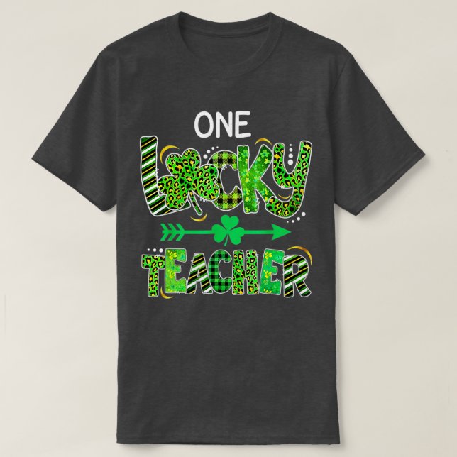 One Lucky Teacher Shamrock Leopard Plaid St  T-Shirt (Design Front)