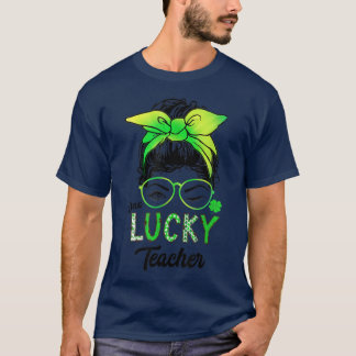 One Lucky Teacher Tie Dye Messy Bun Hair St Patric T-Shirt