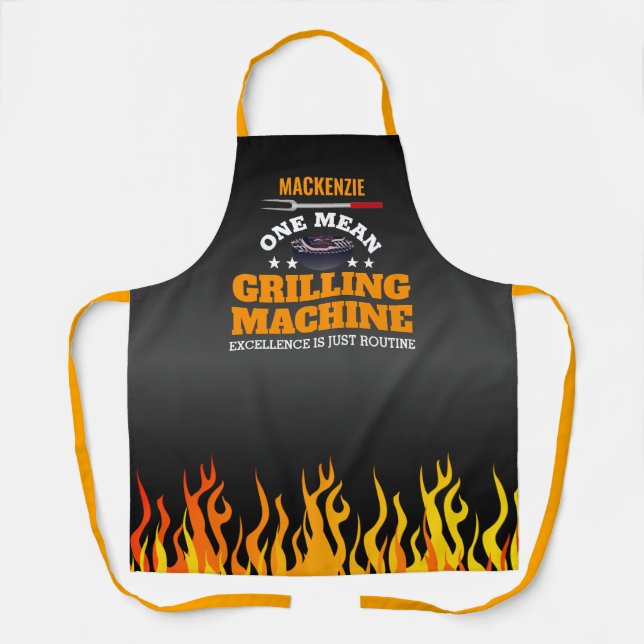 One Mean Grilling Machine Flame on BLACK Apron (Front)
