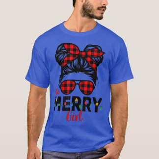 One Merry Girl Christmas Kids Messy Bun Buffalo Pl T-Shirt