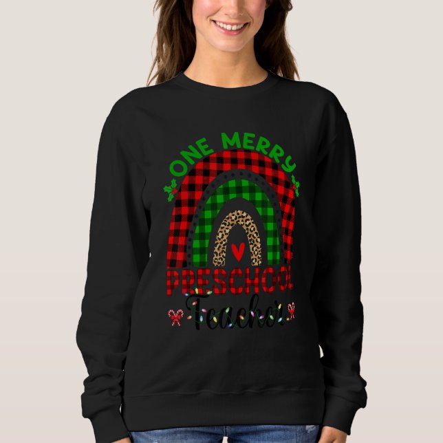 One Merry Preschool Teacher Leopard Rainbow Buffal Sweatshirt (Front)