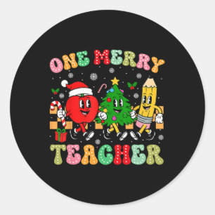 One Merry Teacher Groovy Christmas Tree Pjs Xmas T Classic Round Sticker