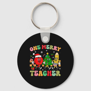 One Merry Teacher Groovy Christmas Tree Pjs Xmas T Key Ring