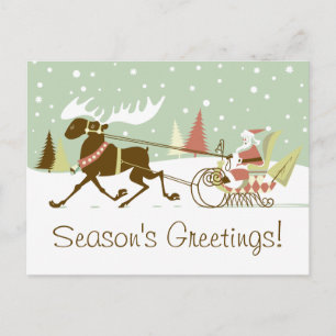 One Moose Open Sleigh Retro Santa Clause Christmas Holiday Postcard