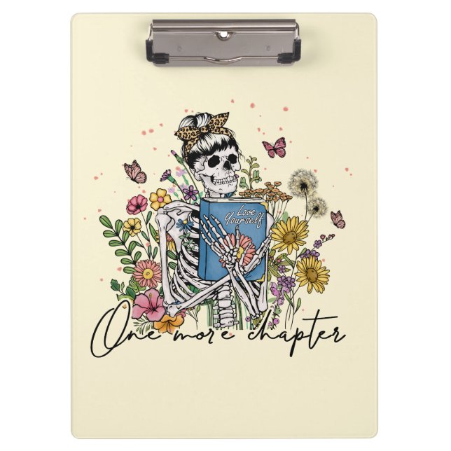 One More Chapter Floral Skeleton Clipboard (Front)