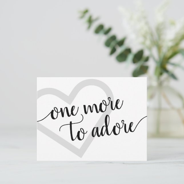 One More to Adore | Simple Black Heart Pregnancy Announcement Postcard (Standing Front)