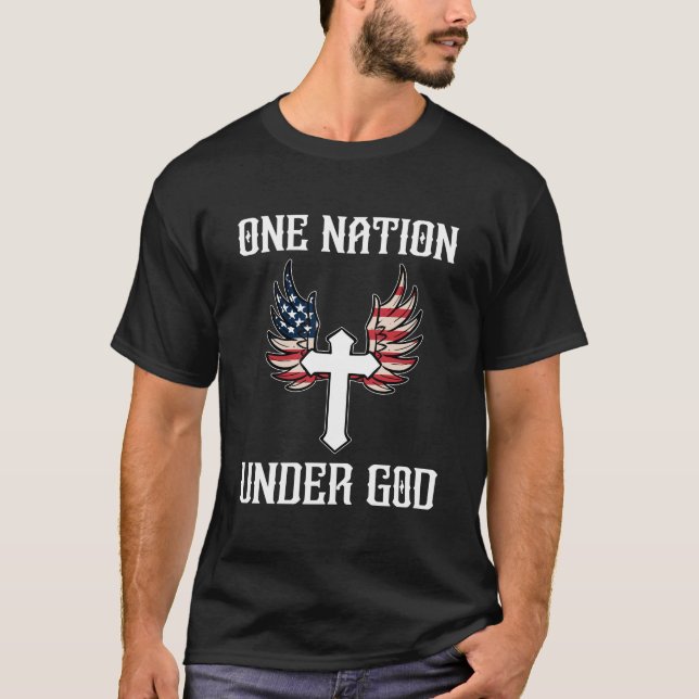 One Nation Under God American Flag Christian Cross T-Shirt (Front)