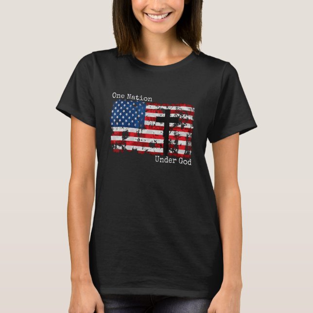 One Nation Under God Christian Cross American Flag T-Shirt (Front)