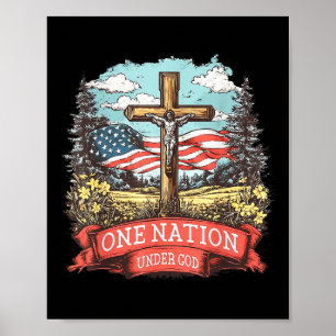 One Nation Under God Cross Jesus Usa Flag Faith Ch Poster