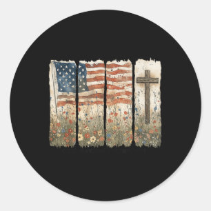 One Nation Under God Usa Flag Cross Floral Christi Classic Round Sticker