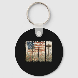 One Nation Under God Usa Flag Cross Floral Christi Key Ring