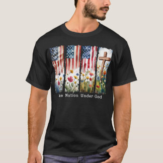 One Nation Under God Usa Flag Cross Floral T-Shirt