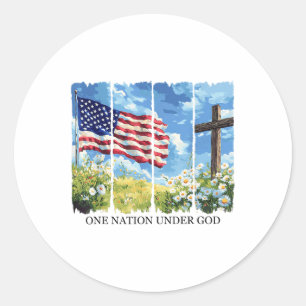 One Nation Under God Usa Flag Flowers Red White Bl Classic Round Sticker