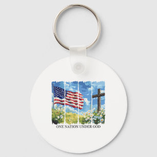 One Nation Under God Usa Flag Flowers Red White Bl Key Ring