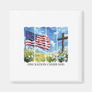 One Nation Under God Usa Flag Flowers Red White Bl Magnet