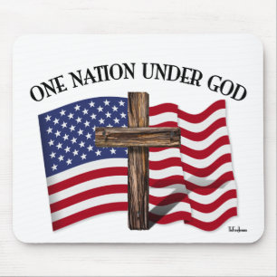 One Nation Under God with rugged cross and US flag Mouse Pad