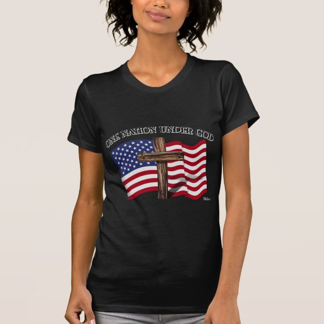 One Nation Under God with rugged cross and US flag T-Shirt (Front)