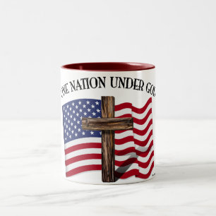 One Nation Under God with rugged cross and US flag Two-Tone Coffee Mug