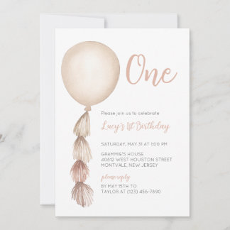 One Neutral Boho Balloon First Birthday Invitation