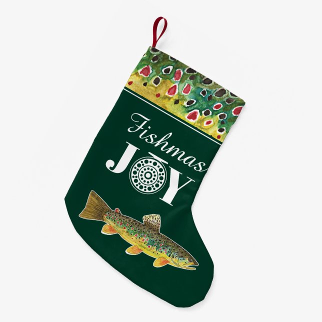 One-of-a-Kind Fly Fishing Joy Brown Trout Small Christmas Stocking (Front (Hanging))