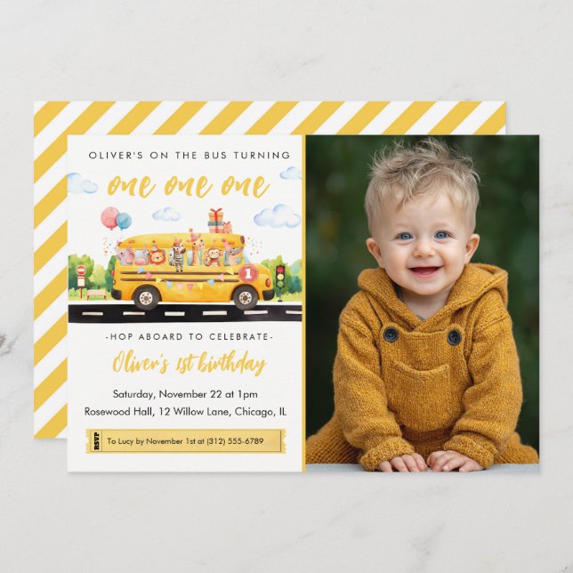 One One One School Bus 1st Birthday Invitation (Front/Back)