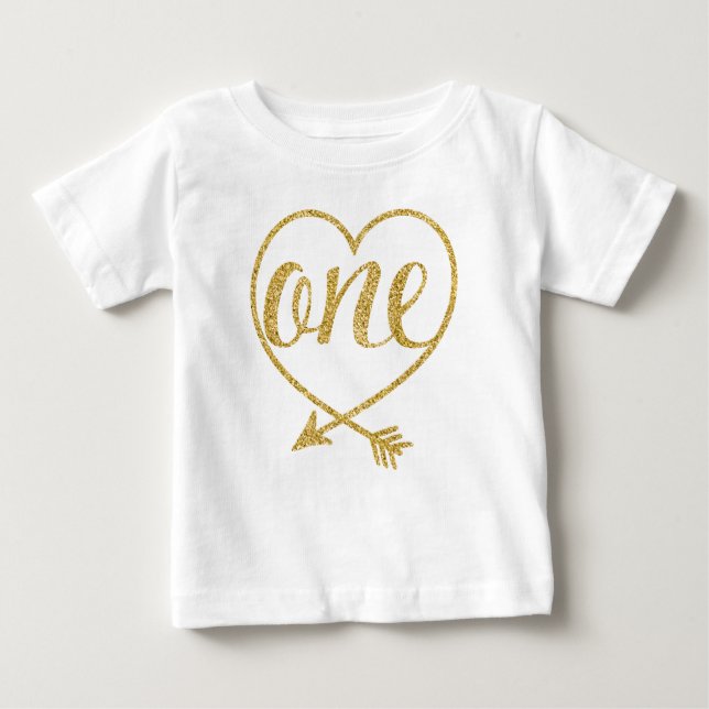ONE|One Year Old|Heart|Glitter-Print Baby T-Shirt (Front)