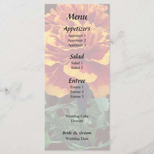 One Orange Marigold with Yellow Tips Menu (Front)