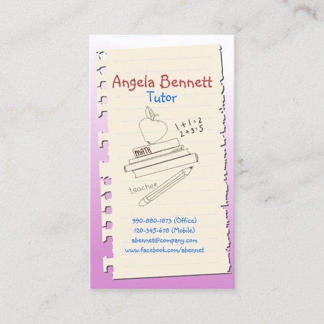 One Page Doodle Tutor Pink Business Card (Front)