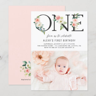 ONE Peach Florals First Birthday Photo Invitation