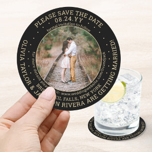 One Photo Black Gold Modern Wedding Save the Date Round Paper Coaster