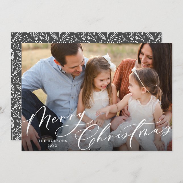 One Photo Elegant White Script Merry Christmas Holiday Card (Front/Back)