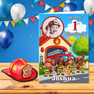 One Photo Firefighter 1st Birthday Card