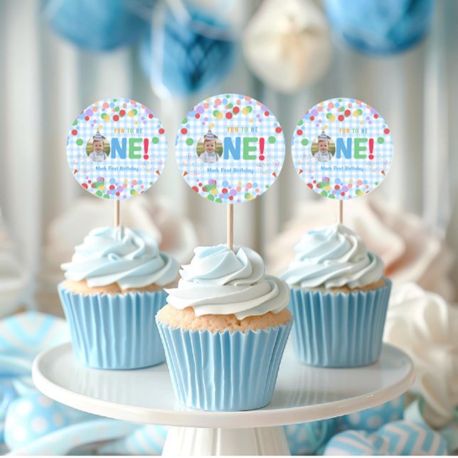  One Photo First Birthday  Cupcake Topper Classic Round Sticker (Creator Uploaded)