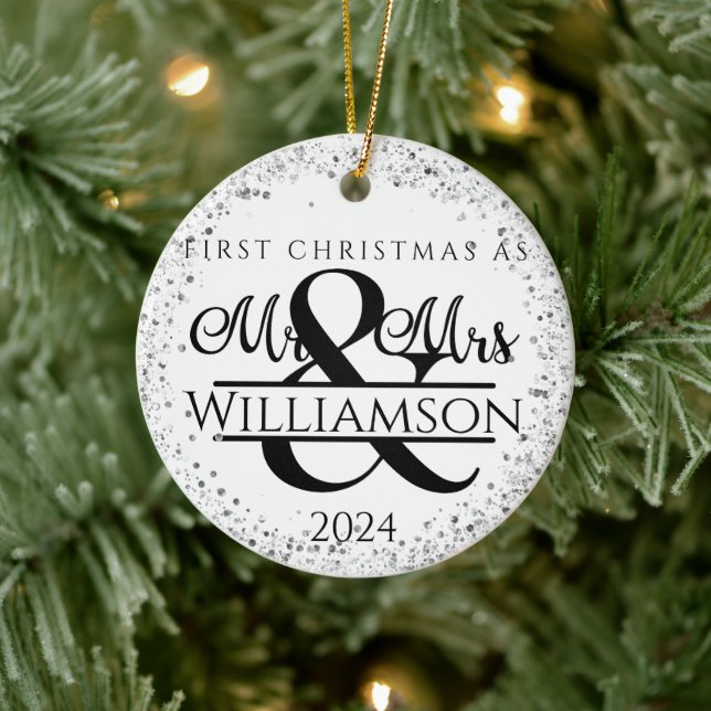 One Photo First Christmas Married Mr & Mrs Glitter Ceramic Ornament (Tree)