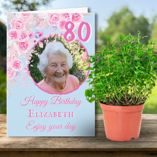 One Photo Floral 80th Birthday Card