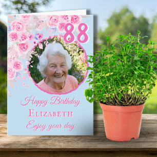 One Photo Floral 88th Birthday Card